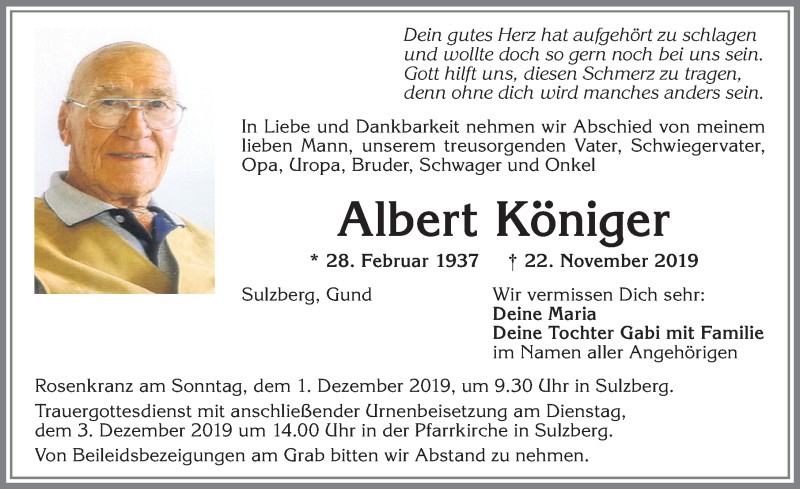  Traueranzeige für Albert Königer vom 29.11.2019 aus Allgäuer Zeitung,Kempten