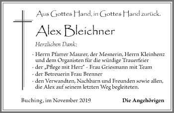 Traueranzeige von Alex Bleichner von Allgäuer Zeitung, Füssen