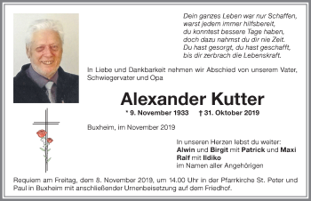 Traueranzeige von Alexander Kutter von Memminger Zeitung