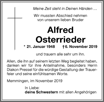 Traueranzeige von Alfred Osterrieder von Memminger Zeitung