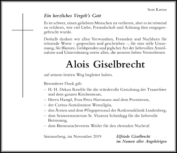 Traueranzeige von Alois Giselbrecht von Der Westallgäuer