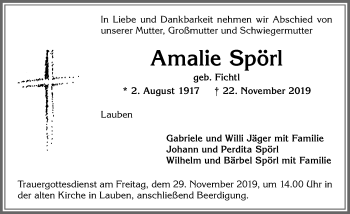 Traueranzeige von Amalie Spörl von Allgäuer Zeitung,Kempten