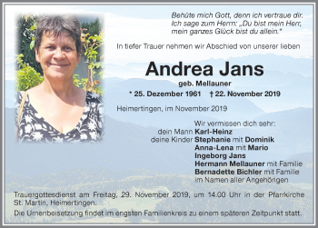 Traueranzeige von Andrea Jans von Memminger Zeitung
