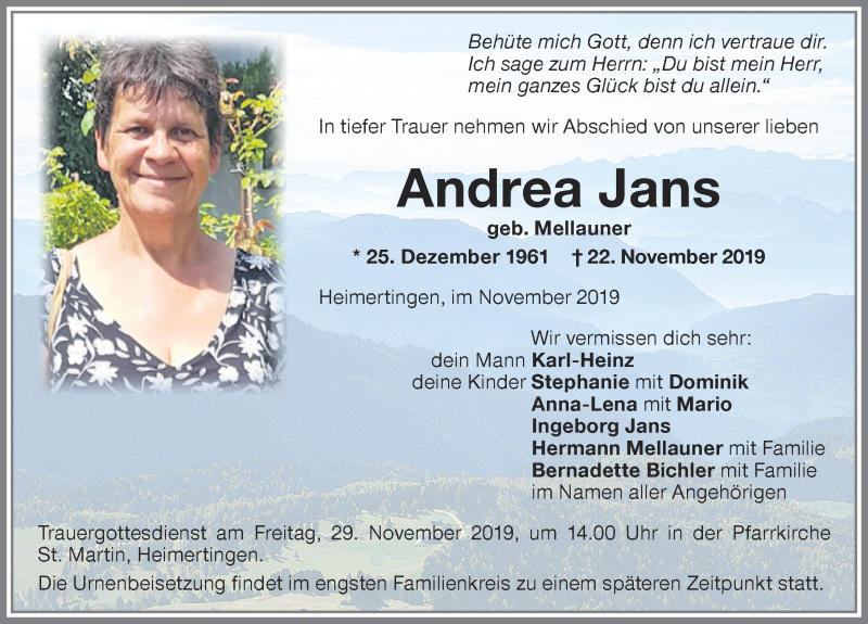  Traueranzeige für Andrea Jans vom 27.11.2019 aus Memminger Zeitung
