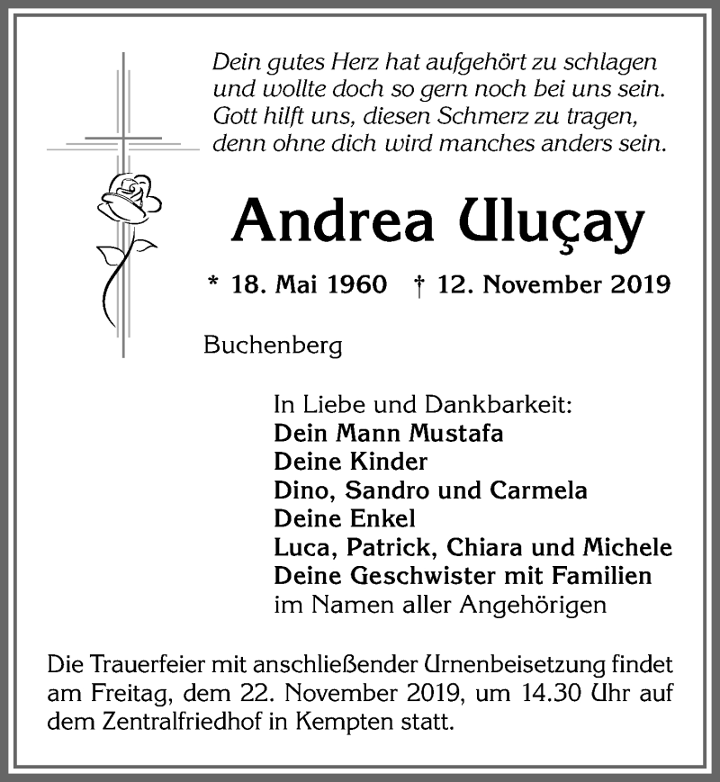  Traueranzeige für Andrea Uluçay vom 19.11.2019 aus Allgäuer Zeitung,Kempten