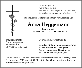 Traueranzeige von Anna Heggemann von Allgäuer Anzeigeblatt