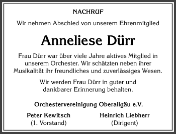 Traueranzeige von Anneliese Dürr von Allgäuer Anzeigeblatt