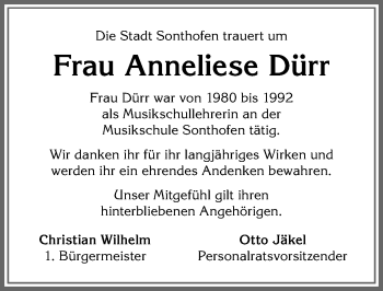 Traueranzeige von Anneliese Dürr von Allgäuer Anzeigeblatt