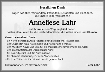 Traueranzeige von Anneliese Lahr von Allgäuer Zeitung,Kempten