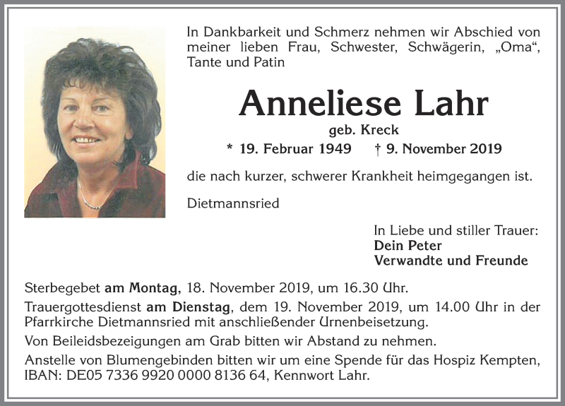  Traueranzeige für Anneliese Lahr vom 15.11.2019 aus Allgäuer Zeitung,Kempten