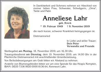 Traueranzeige von Anneliese Lahr von Allgäuer Zeitung,Kempten
