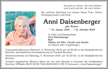 Traueranzeige von Anni Daisenberger von Allgäuer Zeitung, Kaufbeuren/Buchloe