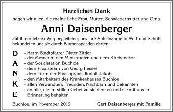 Traueranzeige von Anni Daisenberger von Allgäuer Zeitung, Kaufbeuren/Buchloe
