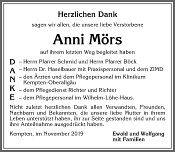 Traueranzeige von Anni Mörs von Allgäuer Zeitung,Kempten