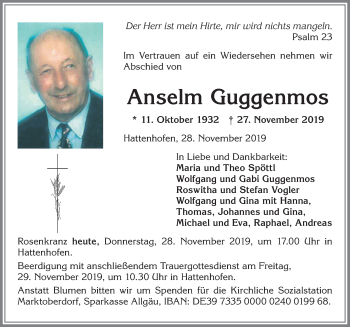 Traueranzeige von Anselm Guggenmos von Allgäuer Zeitung, Marktoberdorf