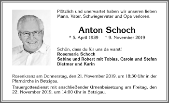 Traueranzeige von Anton Schoch von Allgäuer Zeitung,Kempten