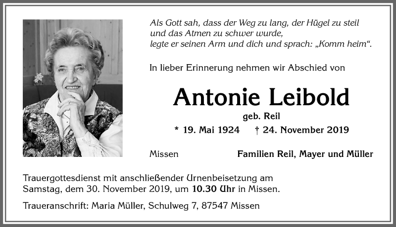  Traueranzeige für Antonie Leibold vom 28.11.2019 aus Allgäuer Anzeigeblatt