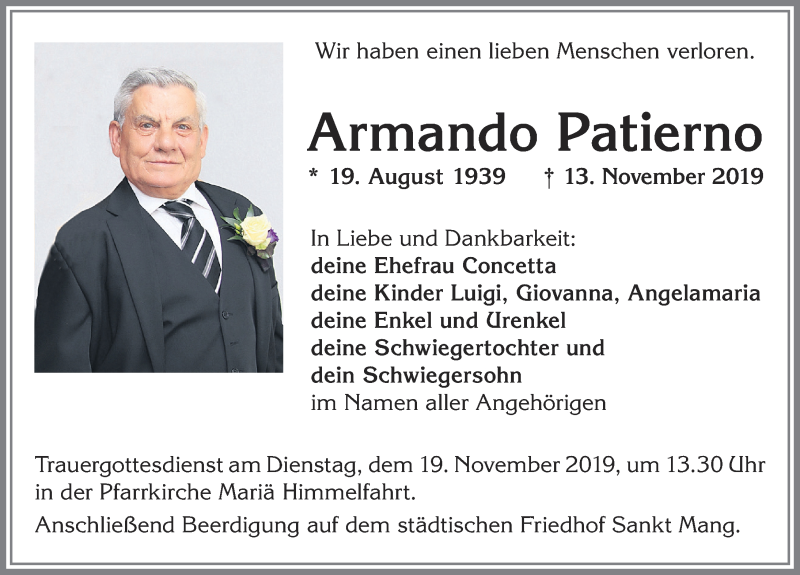  Traueranzeige für Armando Patierno vom 16.11.2019 aus Allgäuer Zeitung,Kempten