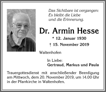 Traueranzeige von Armin Hesse von Allgäuer Zeitung
