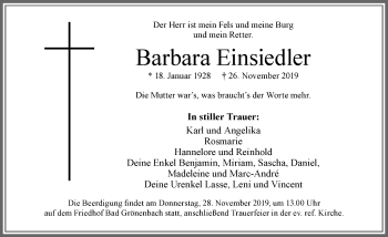 Traueranzeige von Barbara Einsiedler von Memminger Zeitung
