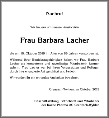 Traueranzeige von Barbara Lacher von Memminger Zeitung