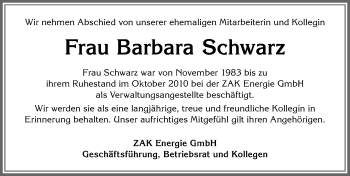 Traueranzeige von Barbara Schwarz von Allgäuer Zeitung,Kempten