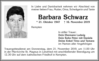 Traueranzeige von Barbara Schwarz von Allgäuer Zeitung,Kempten