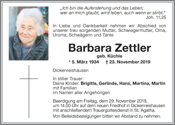 Traueranzeige von Barbara Zettler von Memminger Zeitung