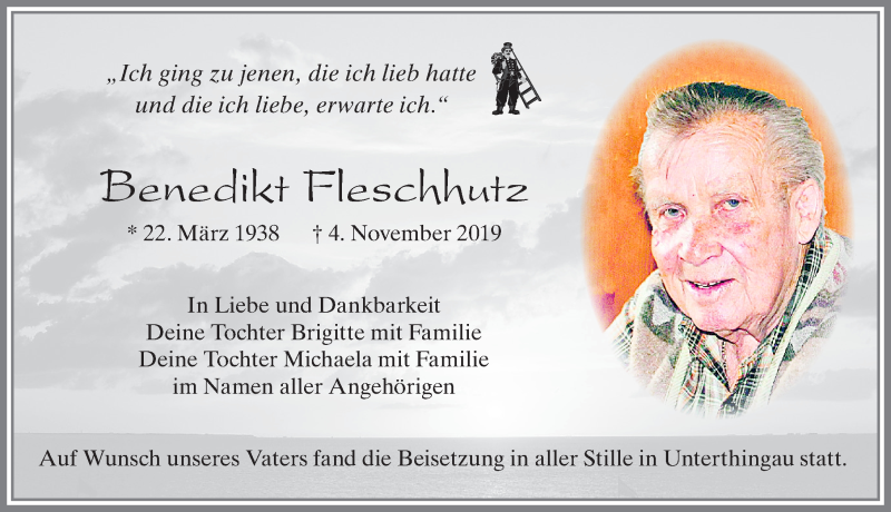  Traueranzeige für Benedikt Fleschhutz vom 16.11.2019 aus Allgäuer Zeitung, Marktoberdorf