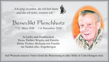 Traueranzeige von Benedikt Fleschhutz von Allgäuer Zeitung, Marktoberdorf