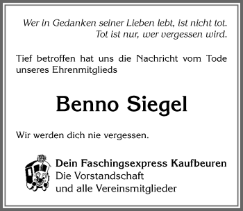 Traueranzeige von Benno Siegel von Allgäuer Zeitung, Kaufbeuren/Buchloe