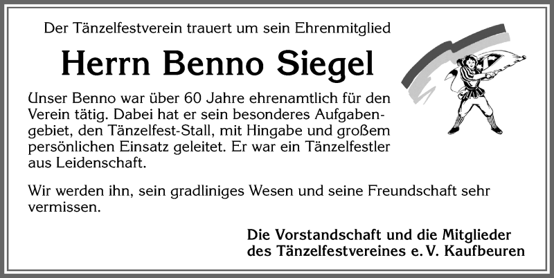  Traueranzeige für Benno Siegel vom 09.11.2019 aus Allgäuer Zeitung, Kaufbeuren/Buchloe