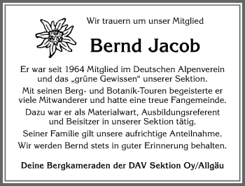 Traueranzeige von Bernd Jacob von Allgäuer Zeitung