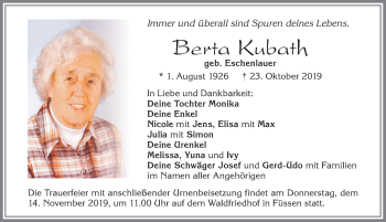Traueranzeige von Berta Kubath von Allgäuer Zeitung, Füssen