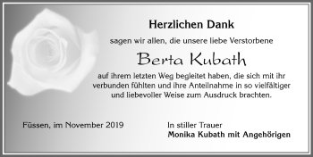 Traueranzeige von Berta Kubath von Allgäuer Zeitung, Füssen