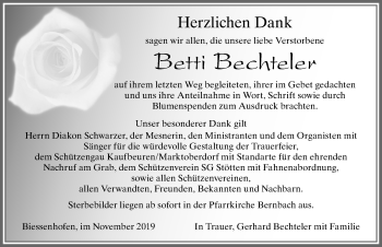 Traueranzeige von Betti Bechteler von Allgäuer Zeitung