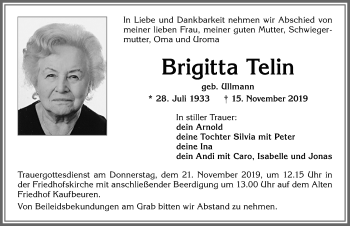 Traueranzeige von Brigitta Telin von Allgäuer Zeitung, Kaufbeuren/Buchloe