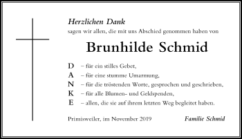 Traueranzeige von Brunhilde Schmid von Der Westallgäuer
