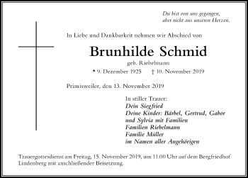 Traueranzeige von Brunhilde Schmid von Der Westallgäuer