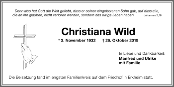 Traueranzeige von Christiana Wild von Memminger Zeitung