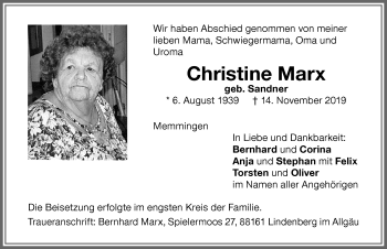 Traueranzeige von Christine Marx von Memminger Zeitung