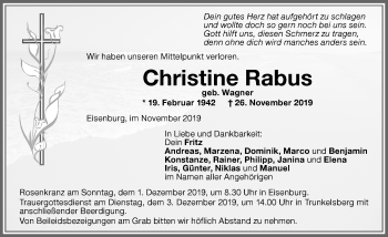 Traueranzeige von Christine Rabus von Memminger Zeitung
