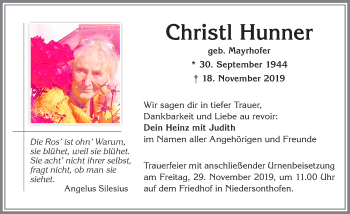 Traueranzeige von Christl Hunner von Allgäuer Zeitung,Kempten