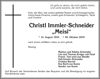 Traueranzeige von Christl Immler-Schneider von Allgäuer Zeitung,Kempten