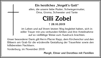 Traueranzeige von Cilli Zobel von Allgäuer Anzeigeblatt