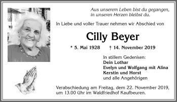 Traueranzeige von Cilly Beyer von Allgäuer Zeitung, Kaufbeuren/Buchloe