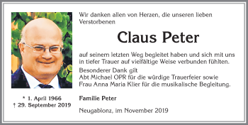 Traueranzeige von Claus Peter von Allgäuer Zeitung, Kaufbeuren/Buchloe
