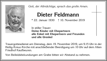 Traueranzeige von Dieter Feldmann von Allgäuer Zeitung, Kaufbeuren/Buchloe
