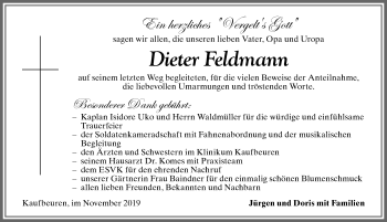 Traueranzeige von Dieter Feldmann von Allgäuer Zeitung, Kaufbeuren/Buchloe