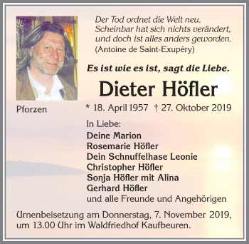 Traueranzeige von Dieter Höfler von Allgäuer Zeitung, Kaufbeuren/Buchloe